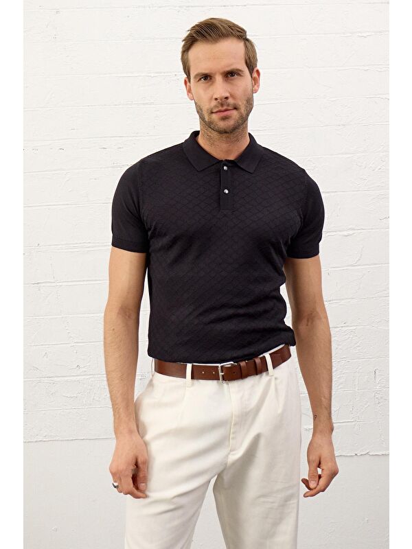 Danger Erkek Yumuşak Dokulu Slim-Fit Polo Yaka İnce Triko TişörtKoyu Lacivert