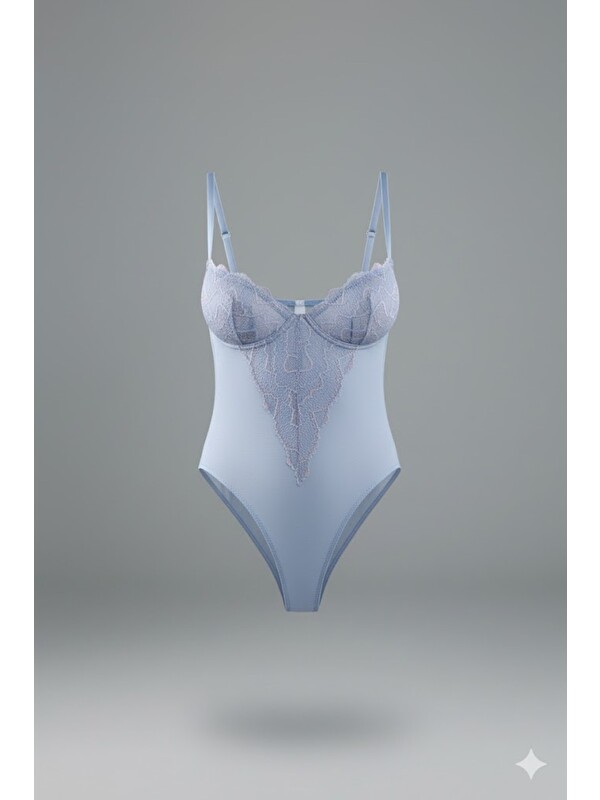 C&City Desteksiz Dantelli Çıtçıtlı Body C15082 Mavi