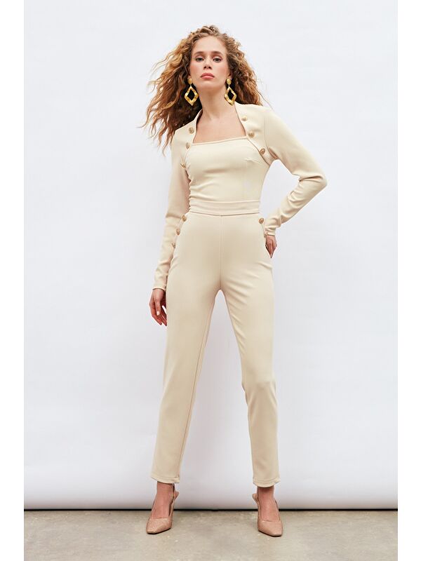 SATEEN Düğme Detaylı Pantolon - Bej