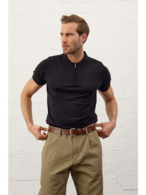 Danger Erkek Basic Slim-Fit Polo Yaka Yazlık Triko Tişört Koyu Lacivert