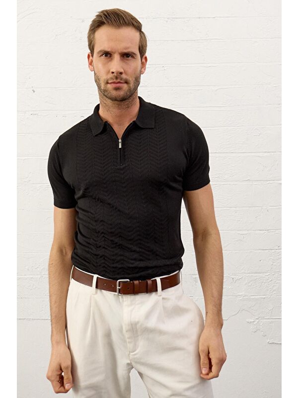 Danger Erkek Slim-Fit Polo Yaka Yazlık Triko Tişört Siyah