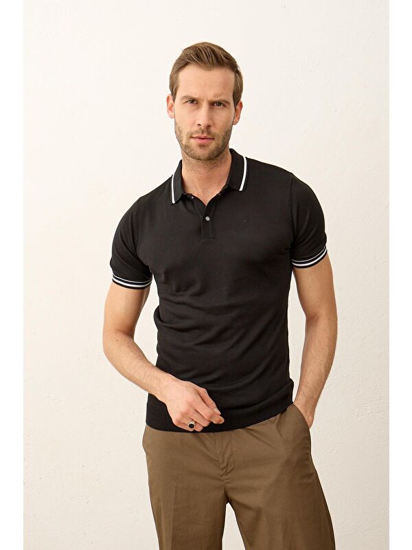 Danger Erkek Slim-Fit Yazlık Triko Polo Yaka Tişört Siyah