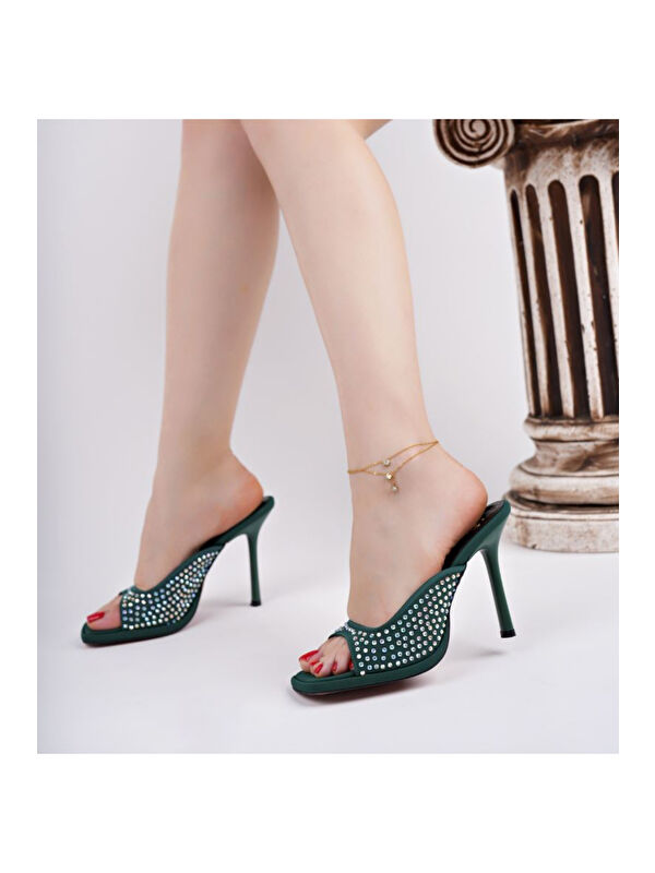 PUJA Küt Burun İnce Topuklu Taşlı Kadın Topuklu Terlik - Görsel 6