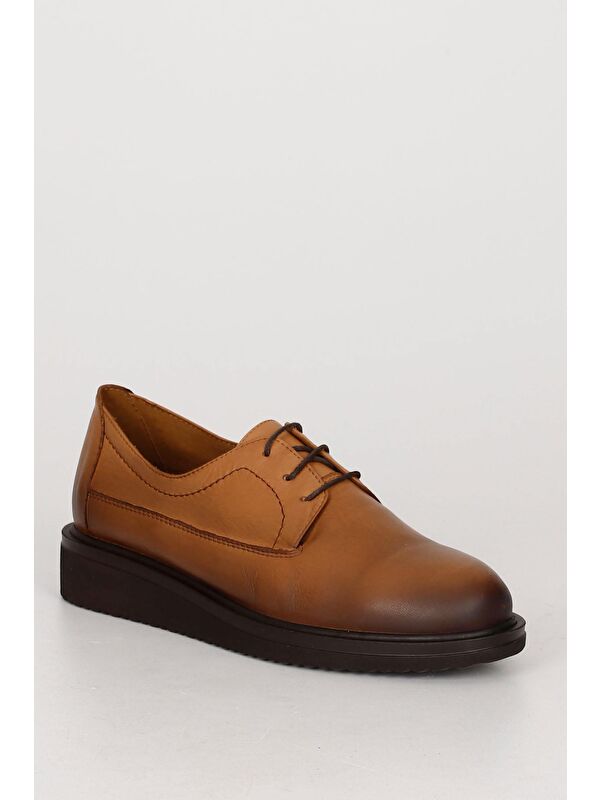 Hakiki Deri Yuvarlak Burun Dolgu Taban Bağcıklı Kadın Ayakkabı 24074 - Görsel 6