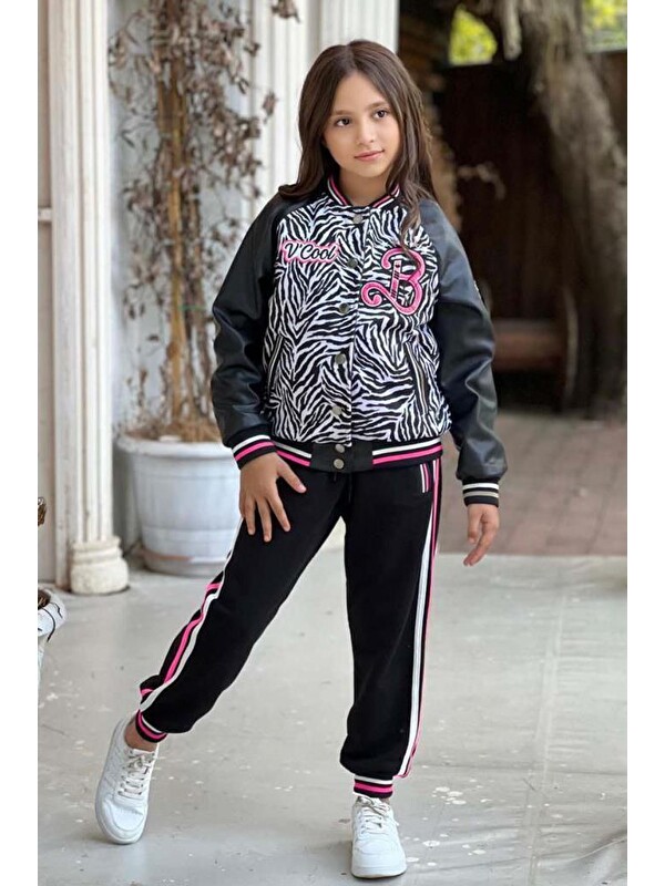 Riccotarz Kız Çocuk V Cool Yazı Baskılı Sweatshirt Zebra ve Pembe Şerit Detaylı Deri Eşofman Takım
