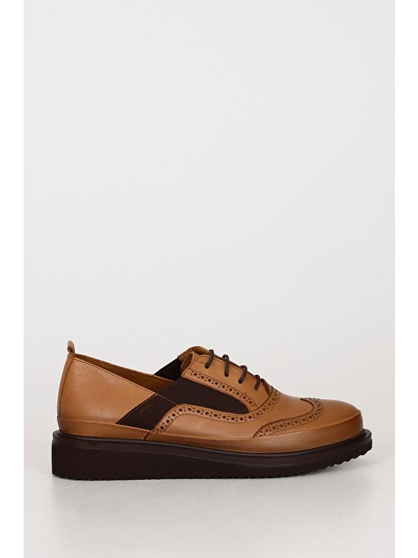 Hakiki Deri Yuvarlak Burun Dolgu Taban Bağcıklı Lastikli Kadın Ayakkabı 24084 - Görsel 5