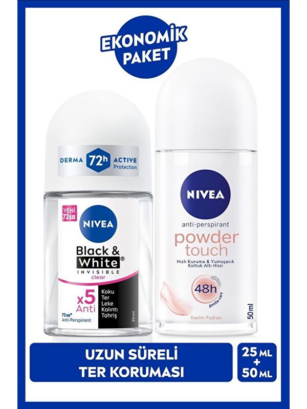NIVEA Kadın Roll-on Deodorant Powder Touch 50ml ve Mini Roll-on Black&WhiteClear 25ml, Bakımlı Koltuk Altı