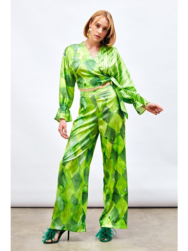 SATEEN Yüksek Bel Desenli Pantolon - Yeşil