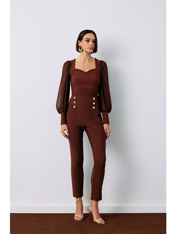 SATEEN Düğme Detaylı Pantolon - Kahve