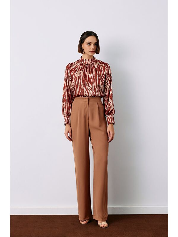 SATEEN Pileli Krep Pantolon - Camel