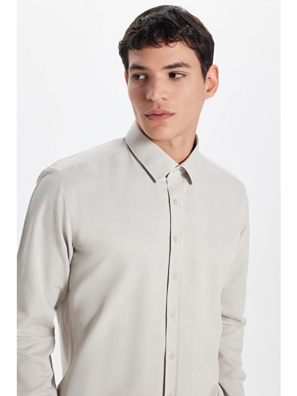 TUDORS Erkek Modern Slim Fit Pamuklu Düz Bej Gömlek