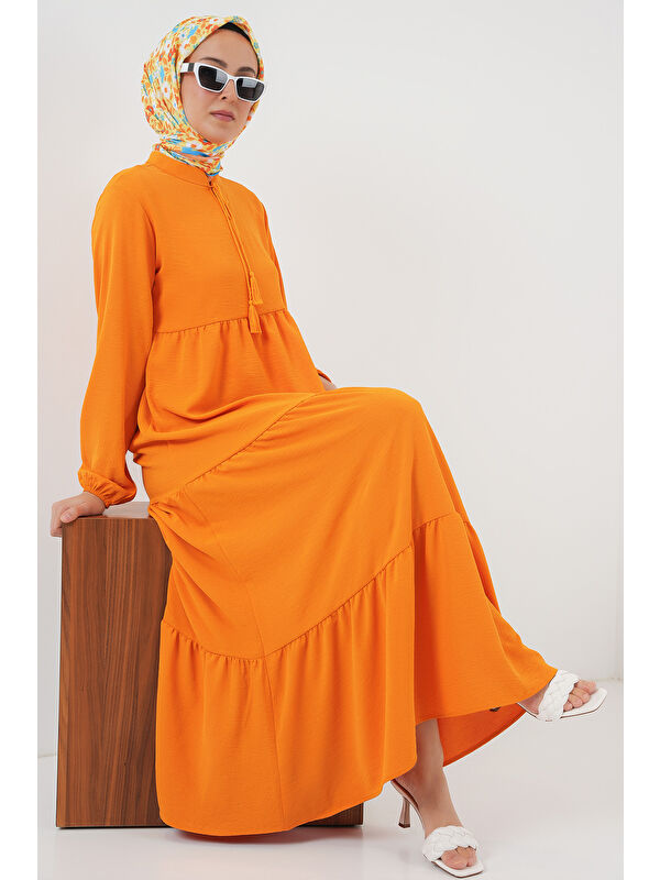 Bigdart 1627 Yaka Bağcıklı Tesettür Elbise - Oranje