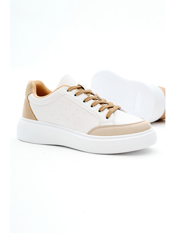 Kadın Beyaz Toprak Rahat Kalıp Yüksek Poli Taban Bağcıklı Spor Ayakkabı - Görsel 5