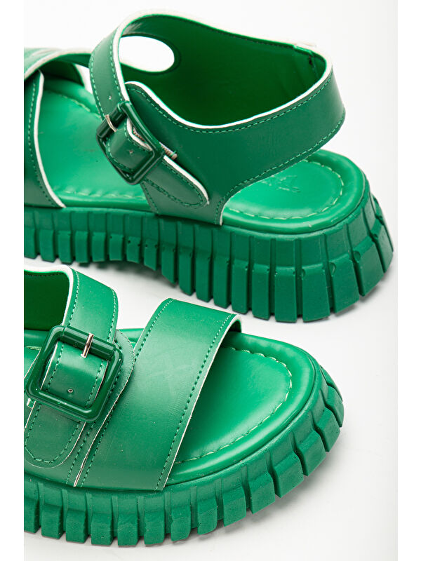 Kadın Yeşil Kalın Poli Taban Çift Tokalı Tek Bantlı Sandalet - Görsel 4