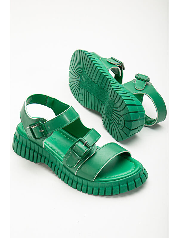 Kadın Yeşil Kalın Poli Taban Çift Tokalı Tek Bantlı Sandalet - Görsel 5