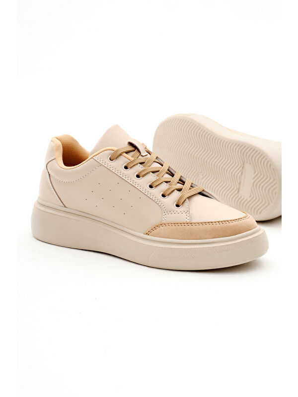 Kadın Bej Rahat Kalıp Yüksek Poli Taban Bağcıklı Spor Ayakkabı - Görsel 5