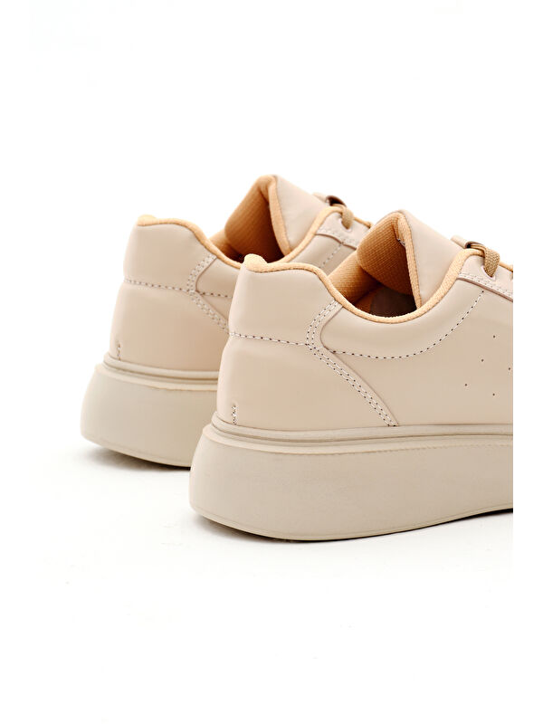 Kadın Bej Rahat Kalıp Yüksek Poli Taban Bağcıklı Spor Ayakkabı - Görsel 6