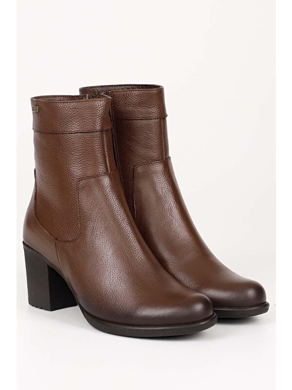 KAHVERENGİ Hakiki Deri Yuvarlak Burun Kauçuk Taban Topuklu Fermuarlı Kadın Günlük Bot 48457 - Görsel 3