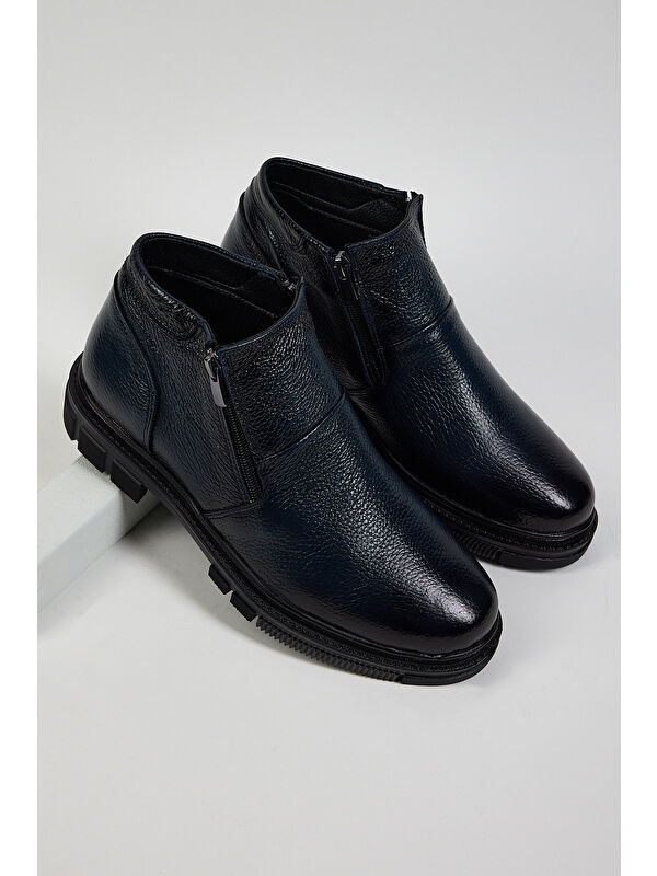 Erkek Lacivert Rahat Kalıp Hakiki Deri Çift Fermuarlı Bot - Görsel 4