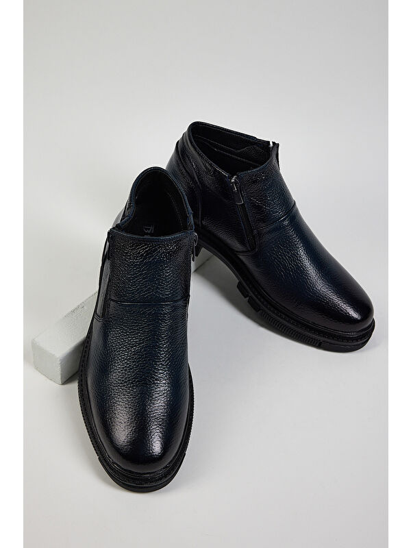 Erkek Lacivert Rahat Kalıp Hakiki Deri Çift Fermuarlı Bot - Görsel 5