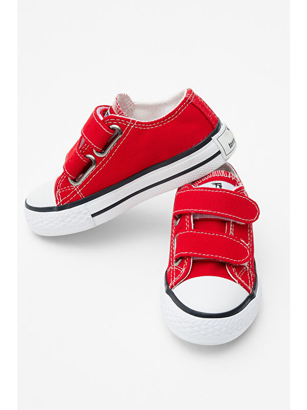 Çocuk Unisex Kırmızı Kauçuk Taban Keten Cırtlı Spor Ayakkabı - Görsel 3