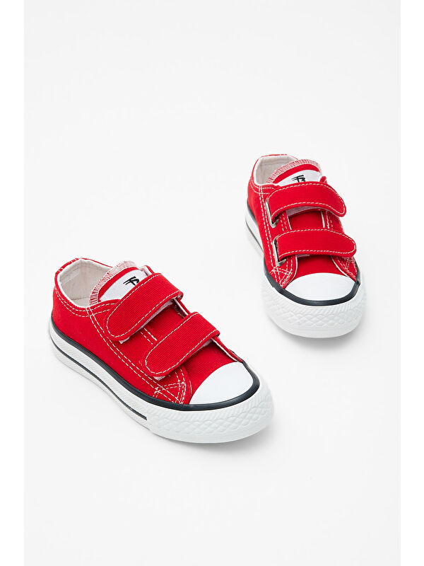 Çocuk Unisex Kırmızı Kauçuk Taban Keten Cırtlı Spor Ayakkabı - Görsel 5