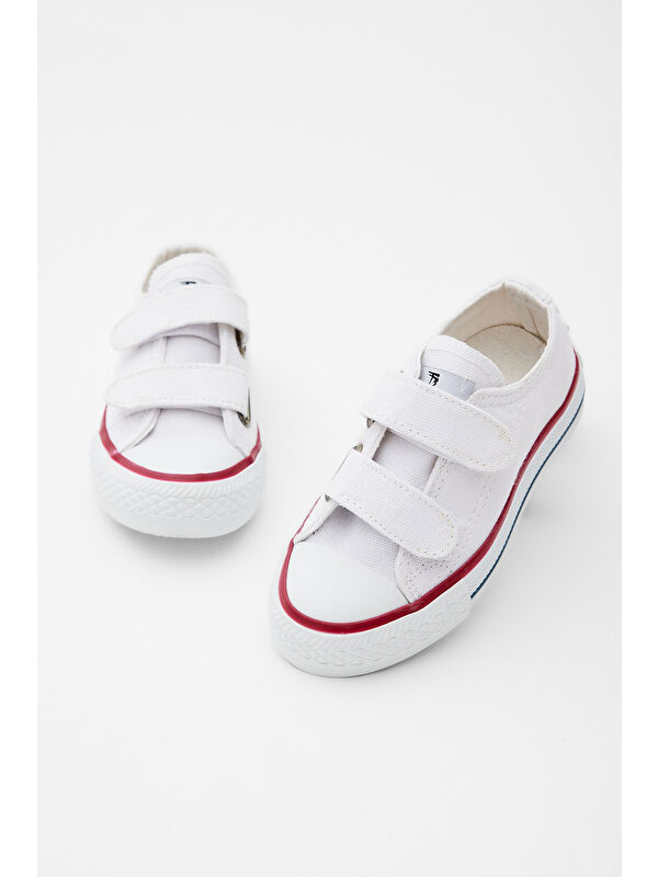 Çocuk Unisex Beyaz Kauçuk Taban Keten Cırtlı Spor Ayakkabı - Görsel 3