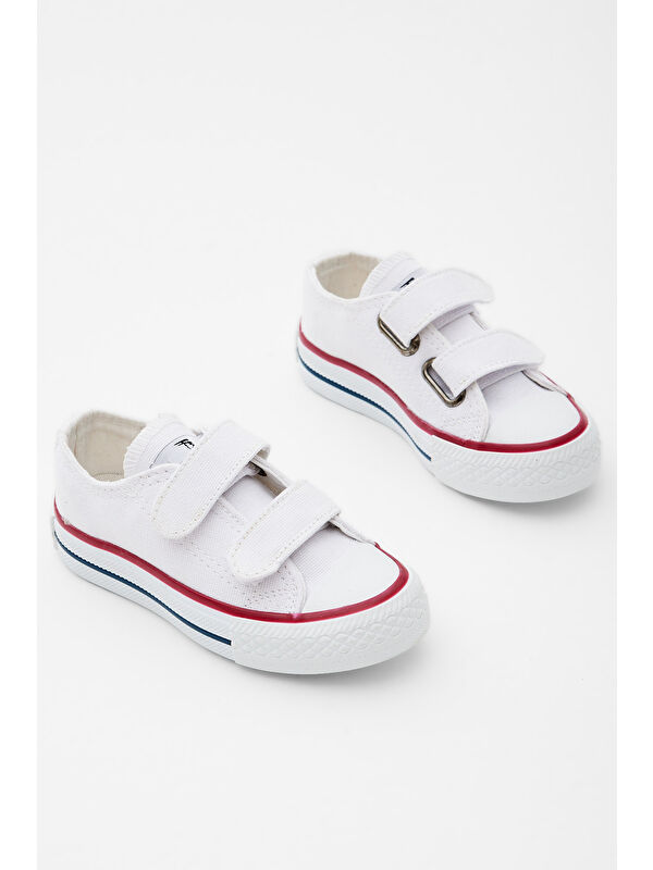 Çocuk Unisex Beyaz Kauçuk Taban Keten Cırtlı Spor Ayakkabı - Görsel 5