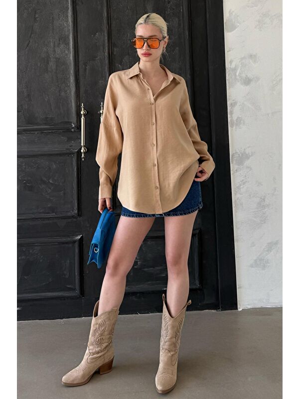 Madmext Bej Uzun Kollu Oversize Gömlek Mg2003