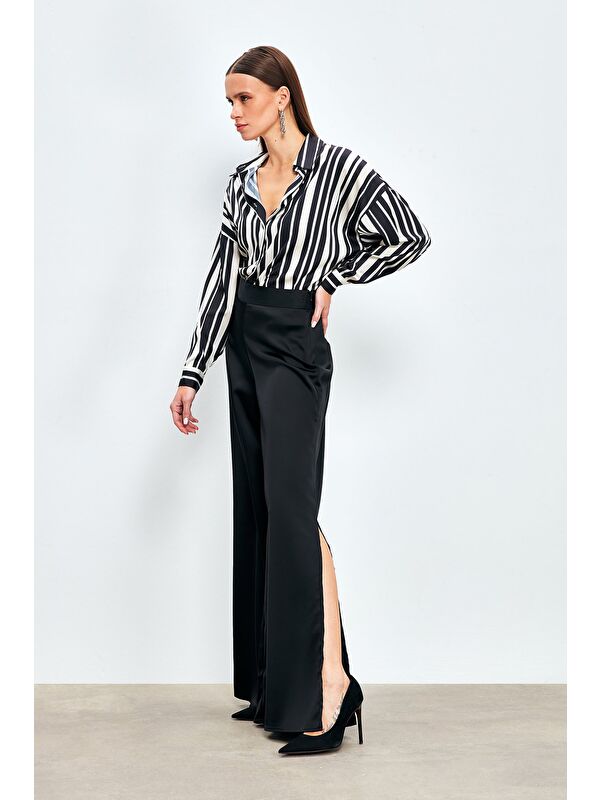 SATEEN Yırtmaç Detaylı Saten Pantolon - Siyah