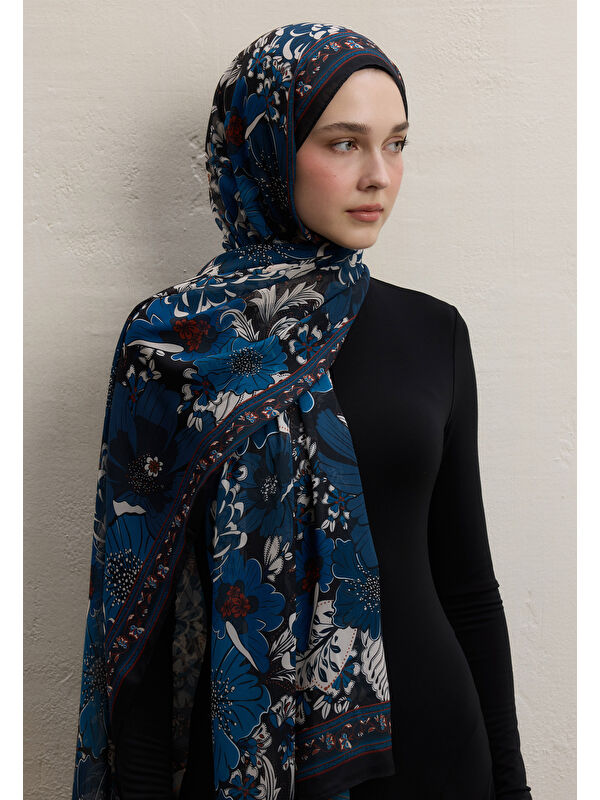 Fresh Scarfs Dahlıa Desen İpek Krep Şal Gece Mavisi