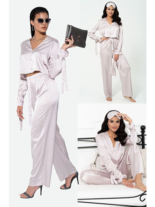 For You Moda 5'Li İçeride&Dışarıda Kol Baglama Detaylı Gri Pijama Takım