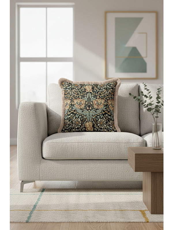 Milbay Grup Barok Çiçekli Saçaklı Yastık Kılıfı - Klasik Rustik Siyah Yeşil Altın Renkli Püsküllü Kırlent Kılıfı