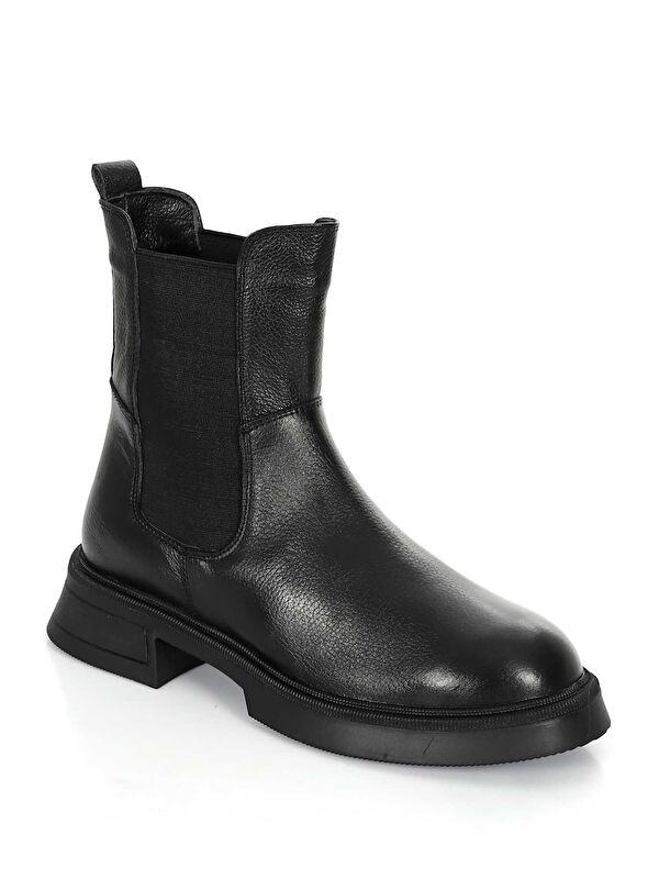 SİYAH Hakiki Deri Yuvarlak Burun Termo Taban Topuklu Kadın Günlük Chelsea Bot 51457 - Görsel 6