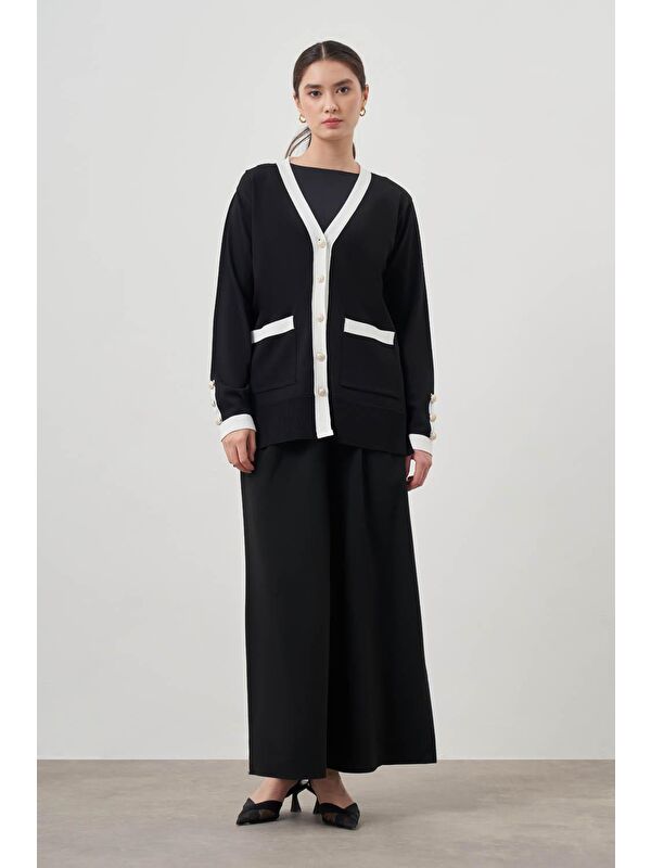 Mizalle Şeritli Rayon Siyah Hırka
