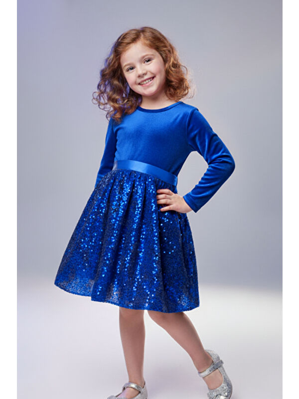 My Kids Wear Kız Çocuk Özel Günler İçin Kadife Pullu Kabarık Fiyonklu Elbise 3-10 Yaş
