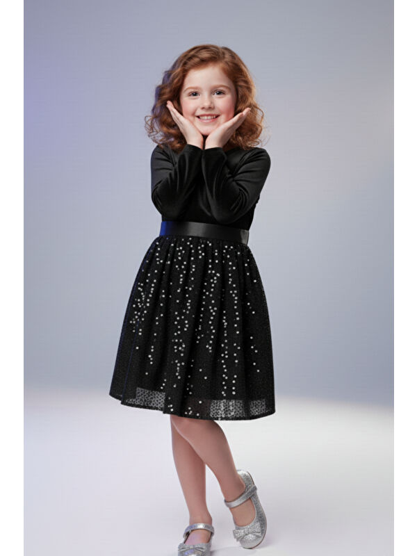 My Kids Wear Kız Çocuk Özel Günler İçin Kadife Pullu Kabarık Fiyonklu Elbise 3-10 Yaş