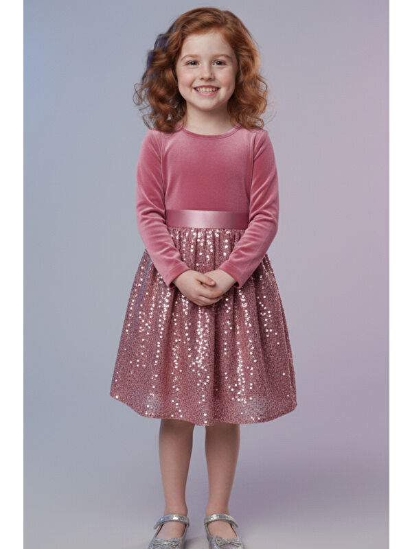 My Kids Wear Kız Çocuk Özel Günler İçin Kadife Pullu Kabarık Fiyonklu Elbise 3-10 Yaş