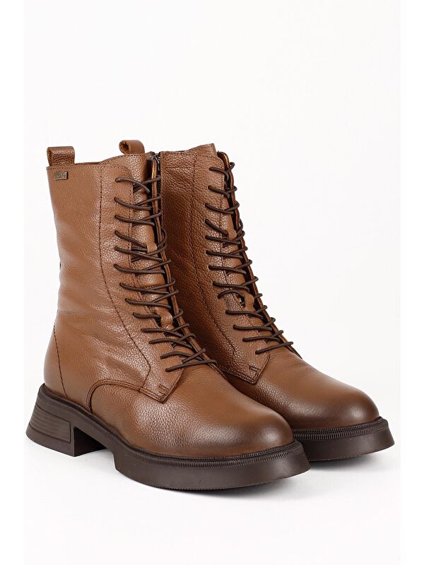 TABA Hakiki Deri Yuvarlak Burun Termo Taban Bağcıklı Fermuarlı Kadın Günlük Postal Bot 51455 - Görsel 3