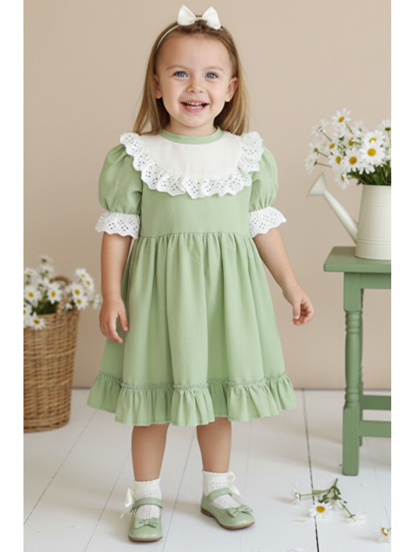 Parla Kids Kız Çocuk Yeşil Ruby Fırfırlı Dantel Detaylı Kısa Kollu Elbise Bandana Takım