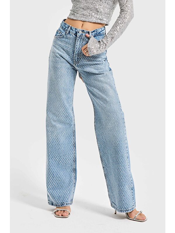 It's Basic Kadın Jean Rengi Doris T34S527 Parlak Taşlı Tasarım Straight Fit Denim Jean