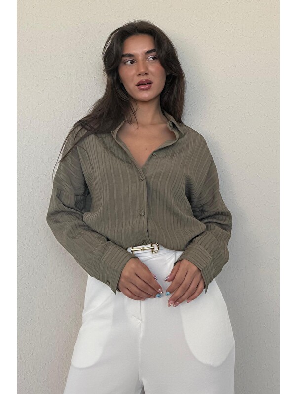 Madmext Haki Uzun Kollu Çizgili Oversize Gömlek Mg2080