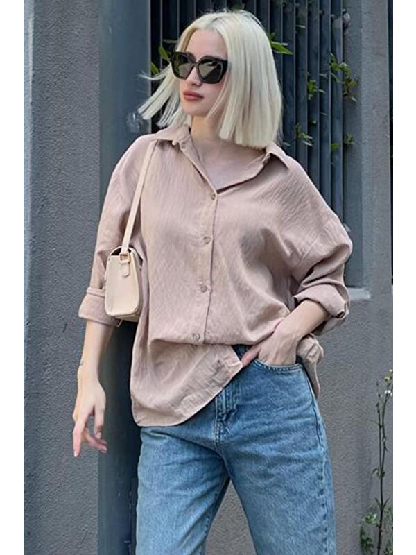 Madmext Bej Uzun Kollu Çizgili Oversize Gömlek Mg2080
