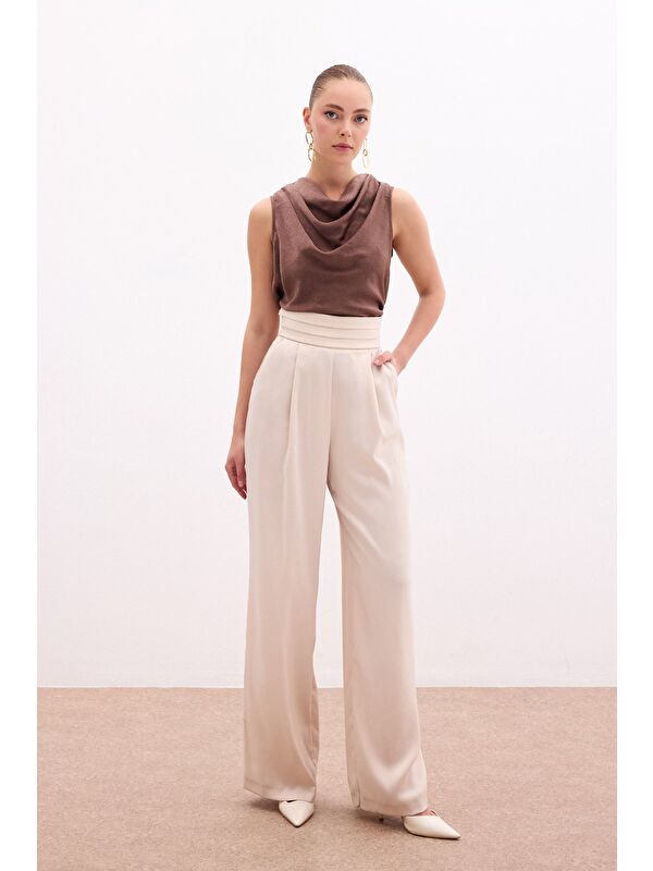 SATEEN Cepli Salaş Saten Pantolon - Bej