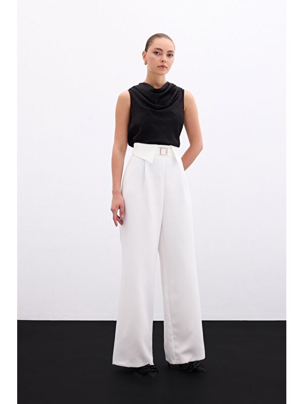 SATEEN Bel Detaylı Geniş Paça Pantolon - Ekru