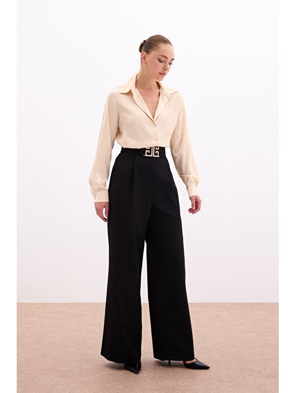 SATEEN Bel Aksesuarlı Bol Paça Pantolon - Siyah