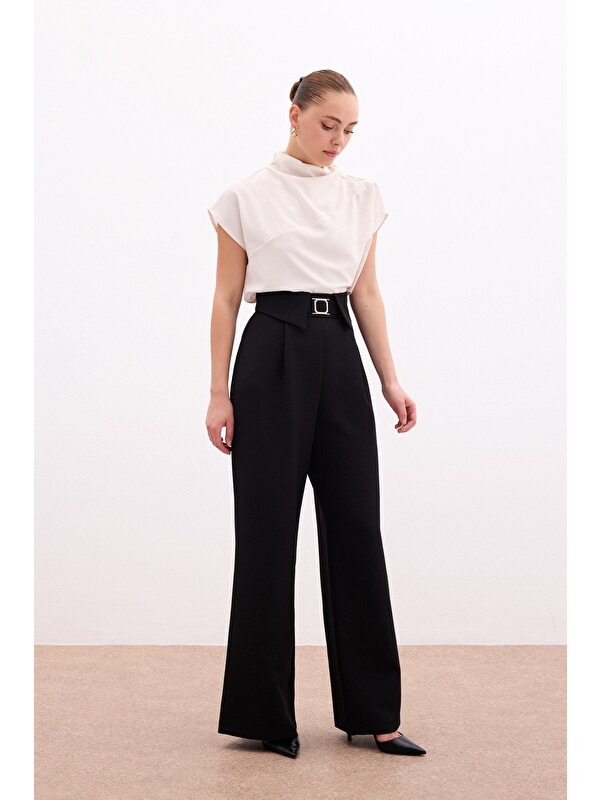SATEEN Bel Detaylı Geniş Paça Pantolon - Siyah