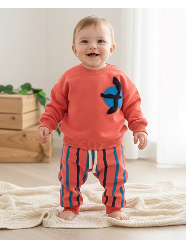 Ege Bebek Erkek Bebek Mevsimlik Martı Nakışlı Sweatshirt, Çizgili Pantalonlu 2'lİ Alt Üst Takım