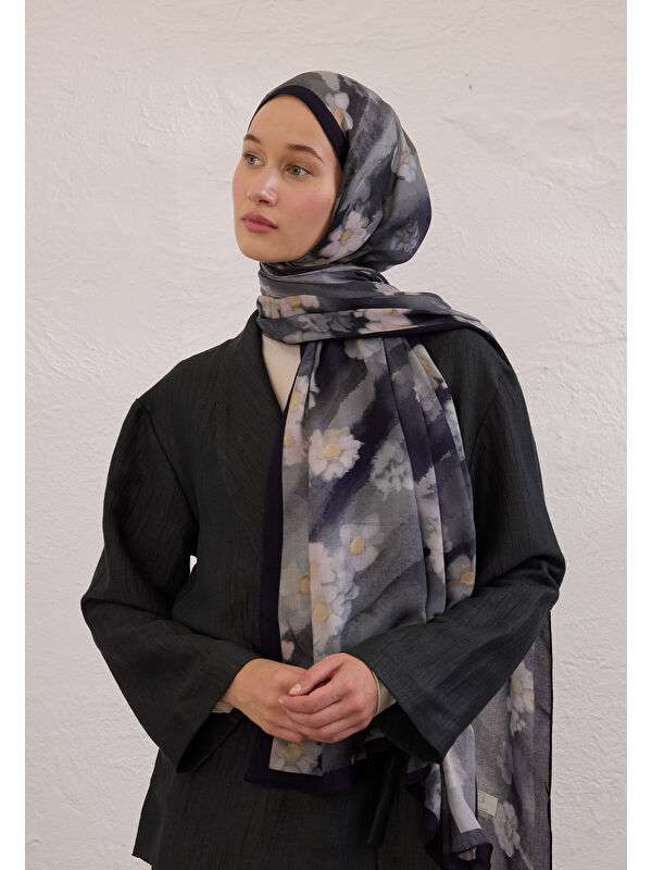 Fresh Scarfs Soft Daısy Desen Rami Şal Lacivert