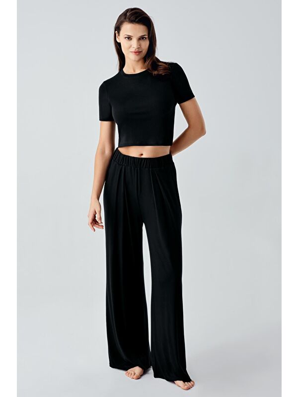 Artış Kısa Kollu Crop Bol Paça Esnek Viskoz Pijama Takım 17216
